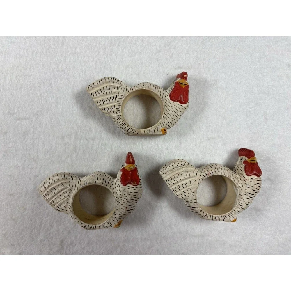 Set of 6 Hand Painted Wooden Chicken Napkin Rings Rooster Farmhouse Decor